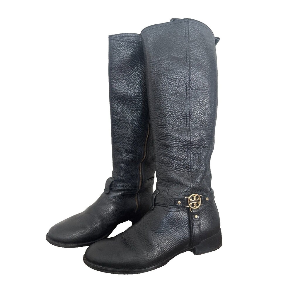 Tory Burch Women's Black Leather Knee High Riding Boots Gold Logo Size 8.5 M